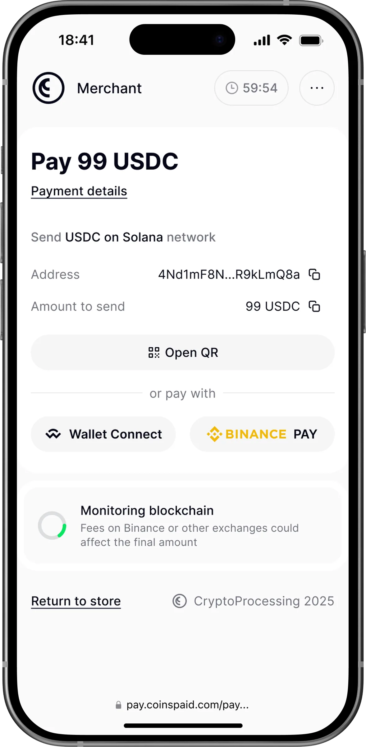 Crypto payment form on iPhone
